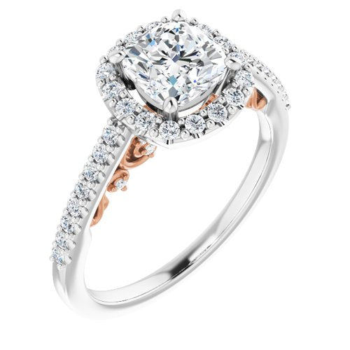 14K White/Rose Cushion Engagement Ring