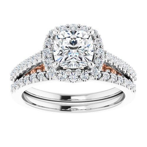 14K White/Rose Cushion Engagement Ring